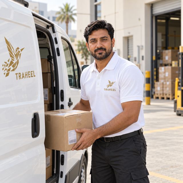 Courier with a Traheel company van