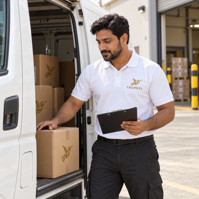 Courier with a white Toyota van